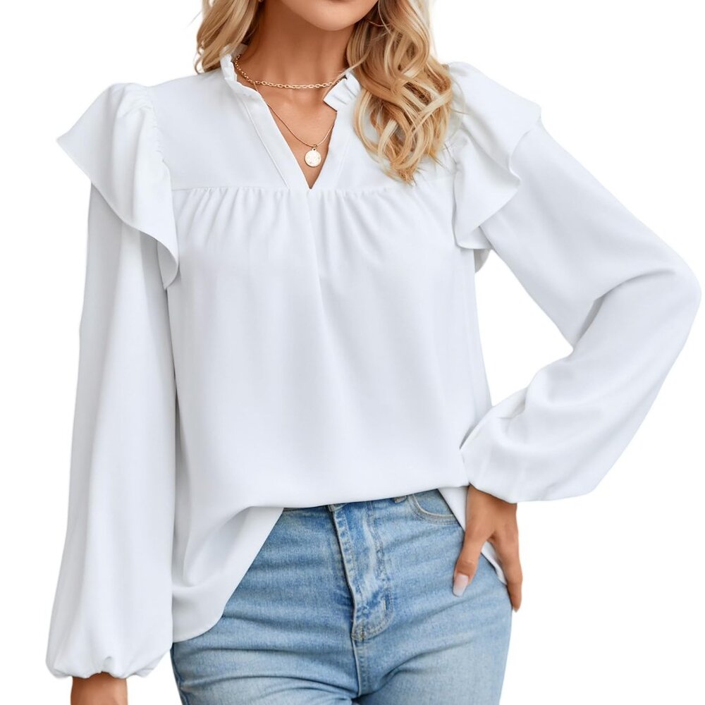 Womens V Neck Ruffle Long/Short Sleeve Tops